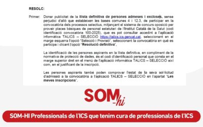 L’ICS publica la llista definitiva d’admesos i exclosos de la convocatòria 100-2025 després de mesos d’espera