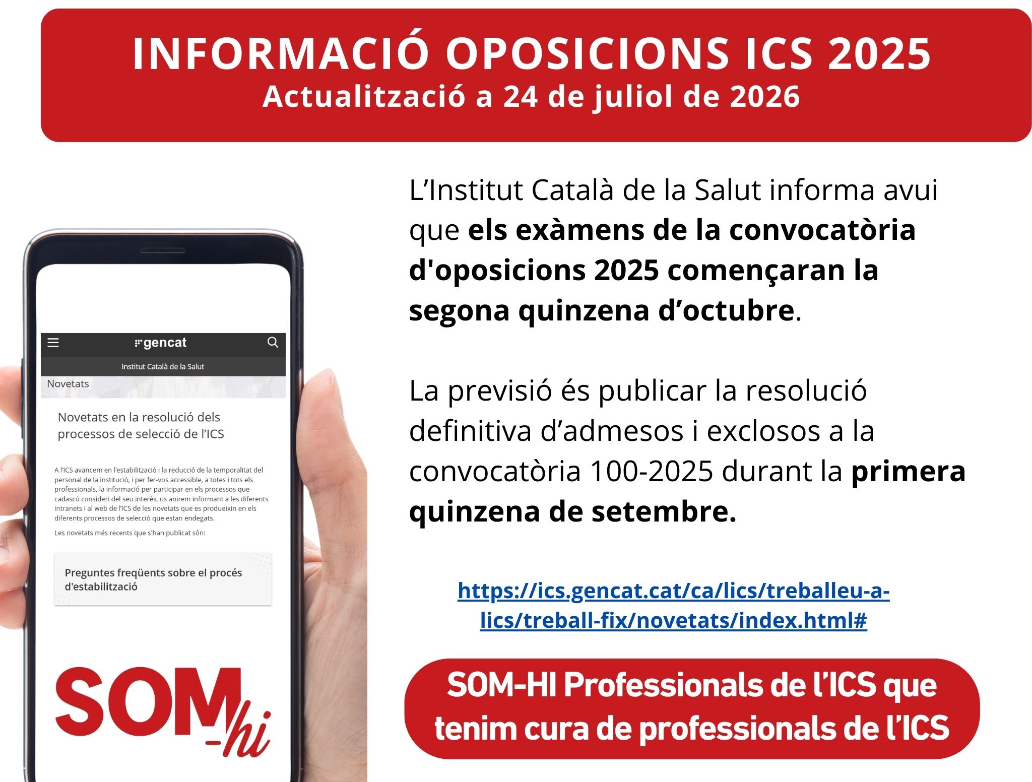 Previsió dates d'exàmens procés selectiu 2025. Informació ICS.